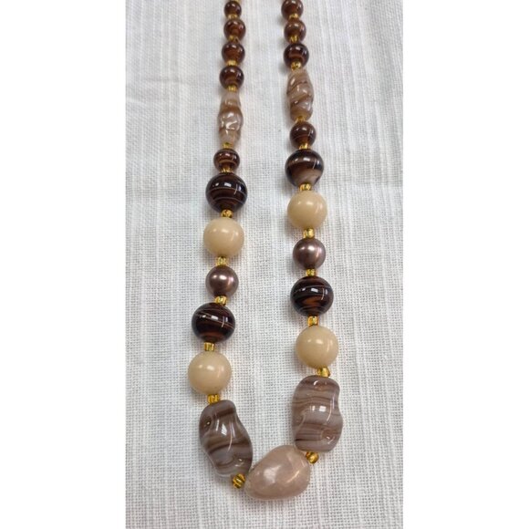 None Jewelry - Vintage Long Beaded Necklace Brown & Cream Agate-Like Beads Glass Accents & Gold